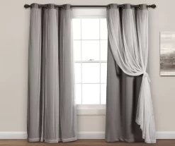 Lush Dark Gray Blackout Grommet Curtain Panel Pair With Sheer Overlay, (95")