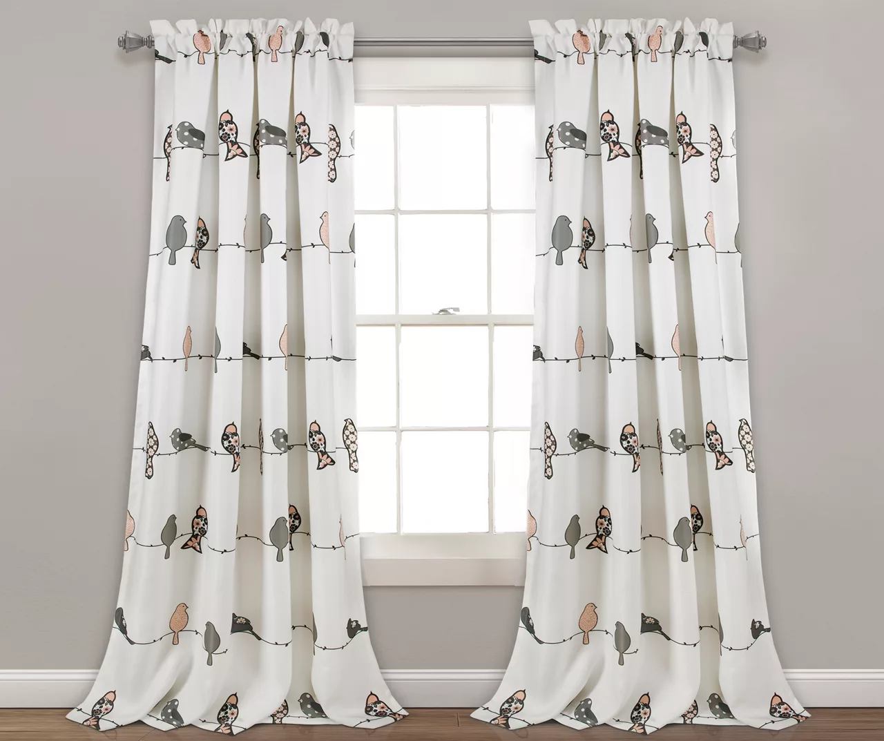 Rowley Birds Blush & Gray Room-Darkening Rod Pocket Curtain Panel Pair, (95") 1 Rowley Birds Blush & Gray Room-Darkening Rod Pocket Curtain Panel Pair, (95")