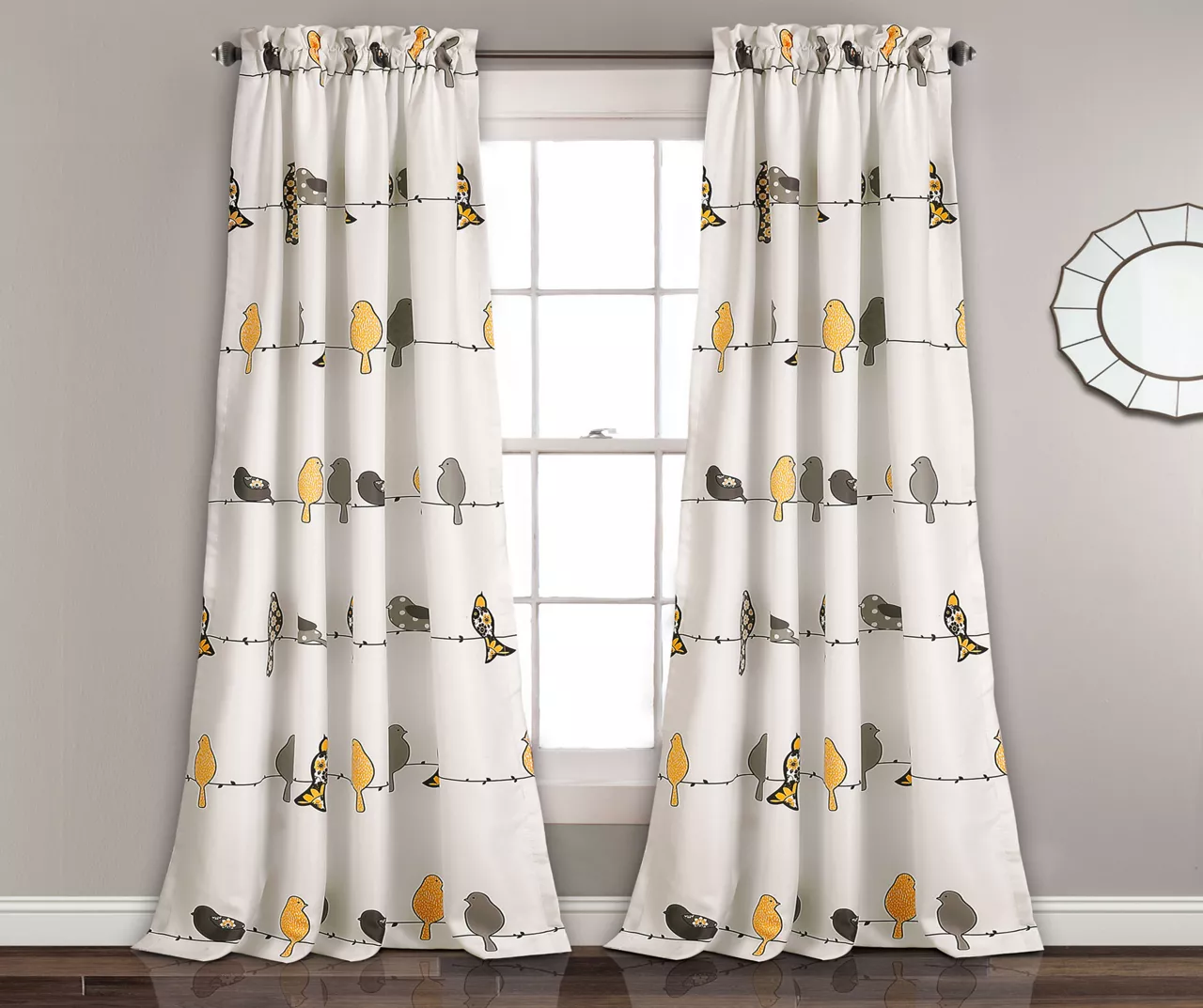 Rowley Birds Yellow & Gray Room-Darkening Rod Pocket Curtain Panel Pair, (84") 1 Rowley Birds Yellow & Gray Room-Darkening Rod Pocket Curtain Panel Pair, (84")