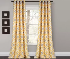 Diamond Ikat Yellow & Gray Room-Darkening Grommet Curtain Panel Pair, (84")