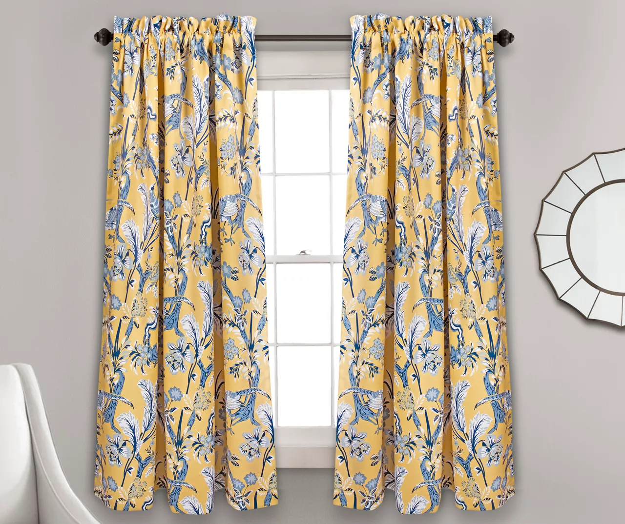 Dolores Yellow & Blue Floral Room-Darkening Rod Pocket Curtain Panel Pair, (63") 1 Dolores Yellow & Blue Floral Room-Darkening Rod Pocket Curtain Panel Pair, (63")