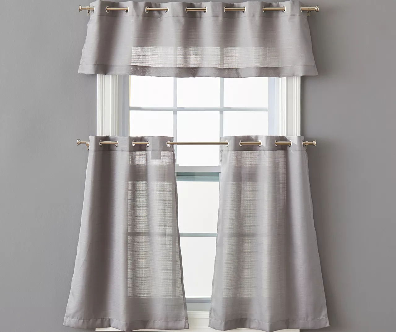 Gray Tucker Valance & Tier 3-Piece Curtain Set 1 Gray Tucker Valance & Tier 3-Piece Curtain Set
