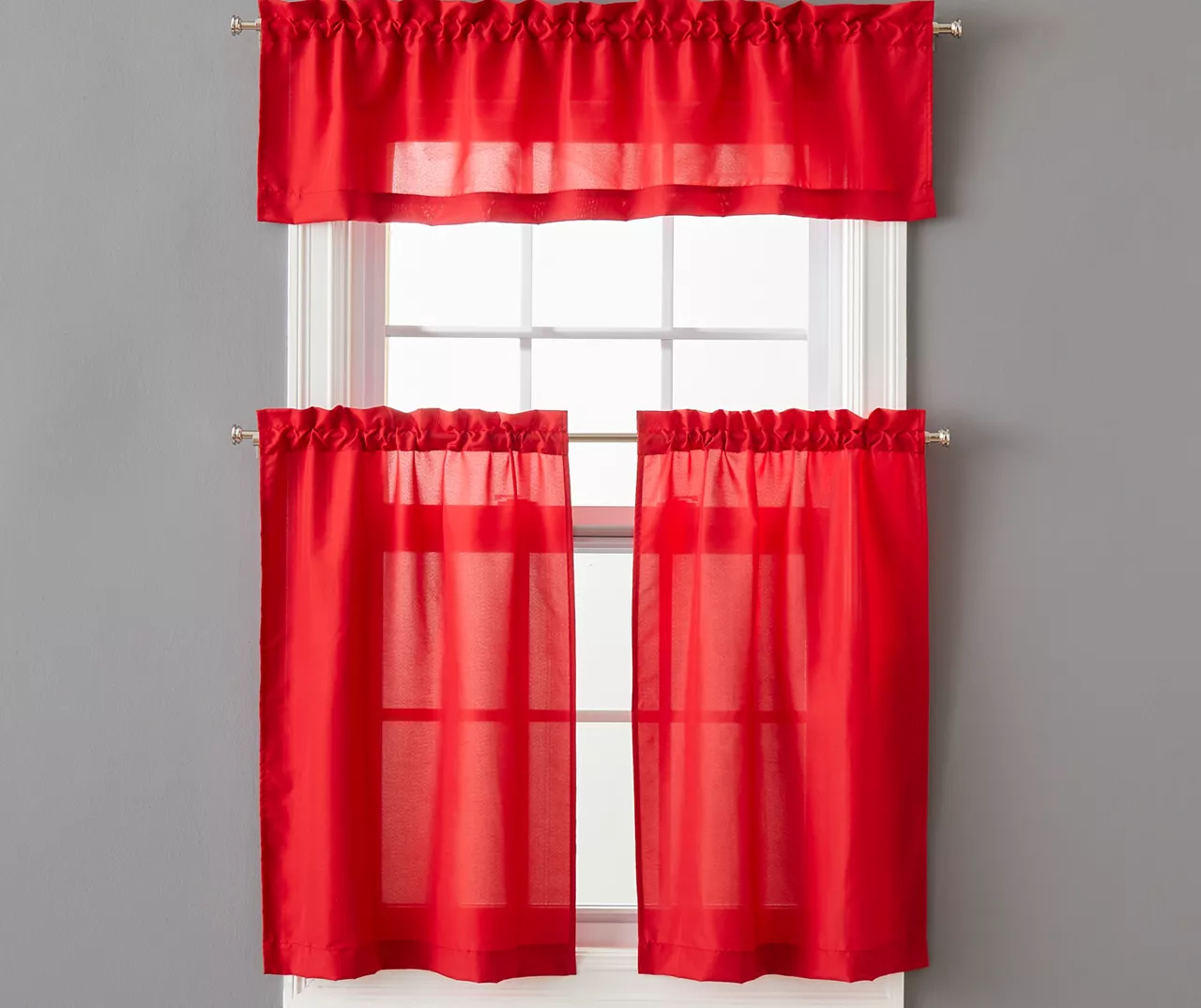 Red Marla Valance & Tier 3-Piece Curtain Set 1 Red Marla Valance & Tier 3-Piece Curtain Set