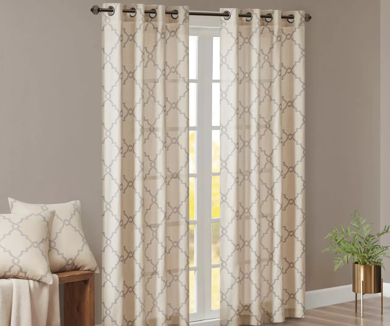 Sereno Fretwork Beige Light-Filtering Grommet Curtain Panel, (95") 2 Sereno Fretwork Beige Light-Filtering Grommet Curtain Panel, (95") - Image 2