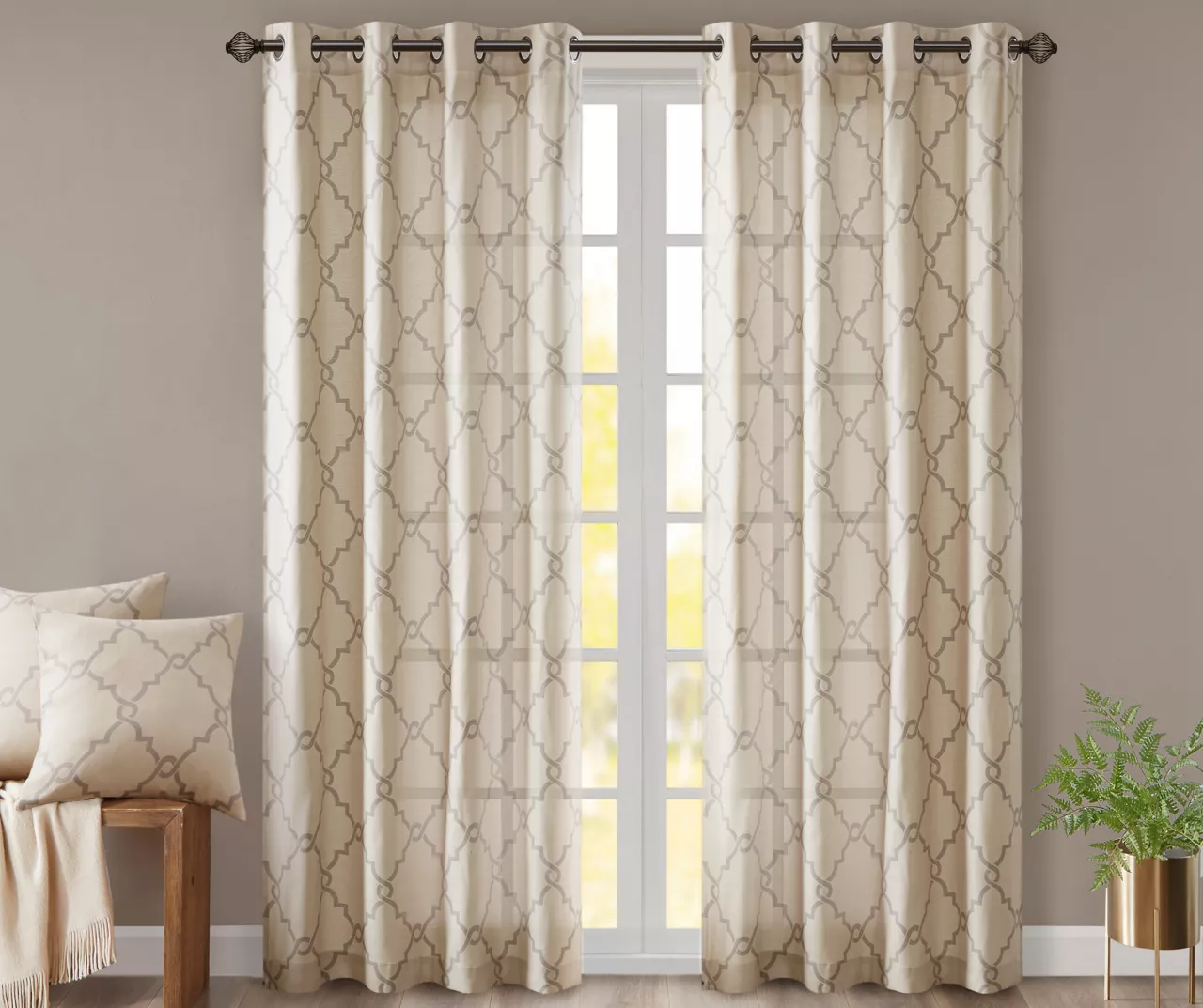 Sereno Fretwork Beige Light-Filtering Grommet Curtain Panel, (95") 1 Sereno Fretwork Beige Light-Filtering Grommet Curtain Panel, (95")