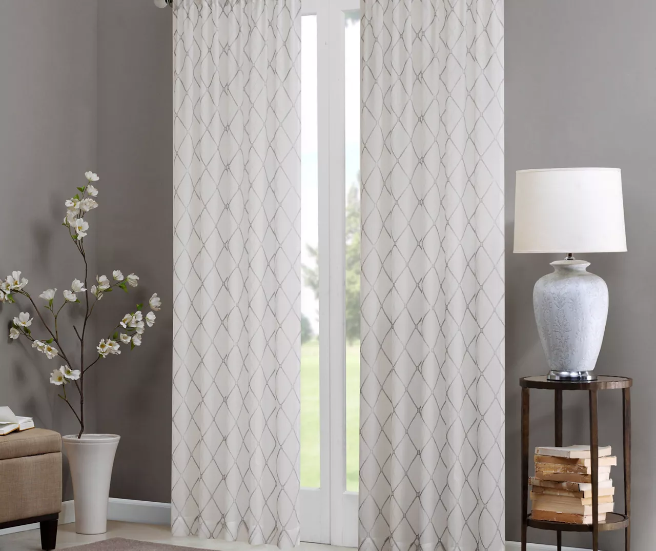 Clarissa Diamond White & Gray Sheer Rod Pocket Curtain Panel, (95") 2 Clarissa Diamond White & Gray Sheer Rod Pocket Curtain Panel, (95") - Image 2