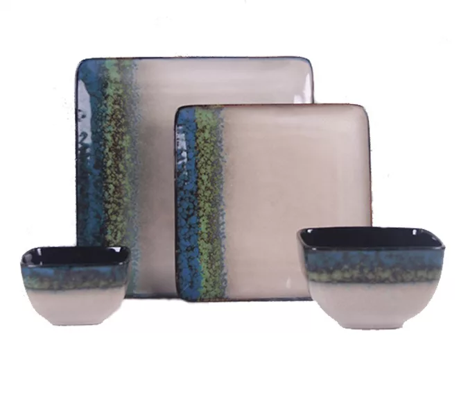 Green, Teal & Cream Square 16-Piece Stoneware Dinnerware Set 1 Green, Teal & Cream Square 16-Piece Stoneware Dinnerware Set
