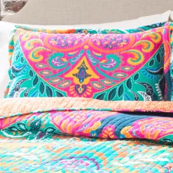 Turquoise & Hot Pink Ornate Paisley Boho Chic Full/Queen 3-Piece Quilt Set -Home Decor Store 810552949 11