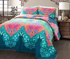 Turquoise & Hot Pink Ornate Paisley Boho Chic Full/Queen 3-Piece Quilt Set