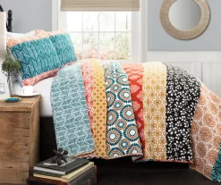 Turquoise & Orange Bohemian Pattern Stripe Full/Queen 3-Piece Quilt Set
