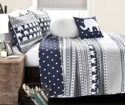 Navy & White Elephant Geometric Stripe Twin 4-Piece Quilt Set -Home Decor Store 810552964 11