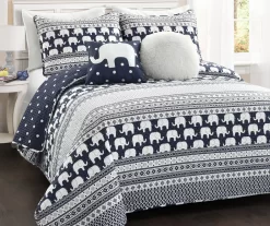 Navy & White Elephant Geometric Stripe Twin 4-Piece Quilt Set