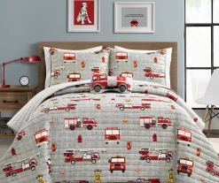 Gray & Red Fire Truck Twin 3-Piece Quilt Set