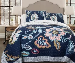 Aster Navy & Pink Floral King 3-Piece Quilt Set