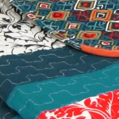 Turquoise & Tangerine Boho Floral Color Block Quilted Throw -Home Decor Store 810553505 2