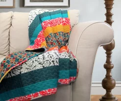 Turquoise & Tangerine Boho Floral Color Block Quilted Throw