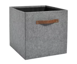 13" Gray Felt Bin With Faux Leather Handle