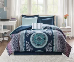 Blaire Navy & Aqua Boho Medallion Queen 10-Piece Comforter Set
