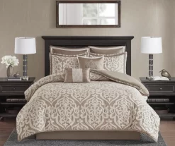 Eliot Tan & Beige Damask Jacquard Queen 8-Piece Comforter Set