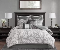 Eliot Silver & White Damask Jacquard King 8-Piece Comforter Set