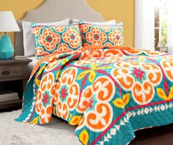 Orange & Turquoise Boho Floral Reversible Full/Queen 3-Piece Quilt Set