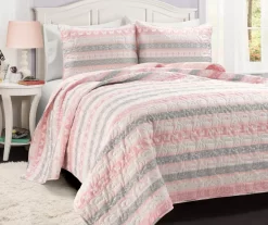 Sara Lily Pink & Gray Pattern Stripe Reversible Full/Queen 3-Piece Quilt Set