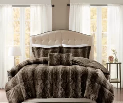 Marselle Brown Stripe Faux Fur Full/Queen 4-Piece Comforter Set