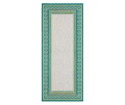 Panama Teal & White Geo-Bordered Outdoor Area Rug, (2.5' X 6')