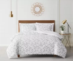 White & Gray Embroidered Leaf Vine Comforter Set