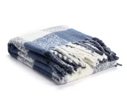 Navy & White Plaid Fringe-Trim Throw, (50" X 60")